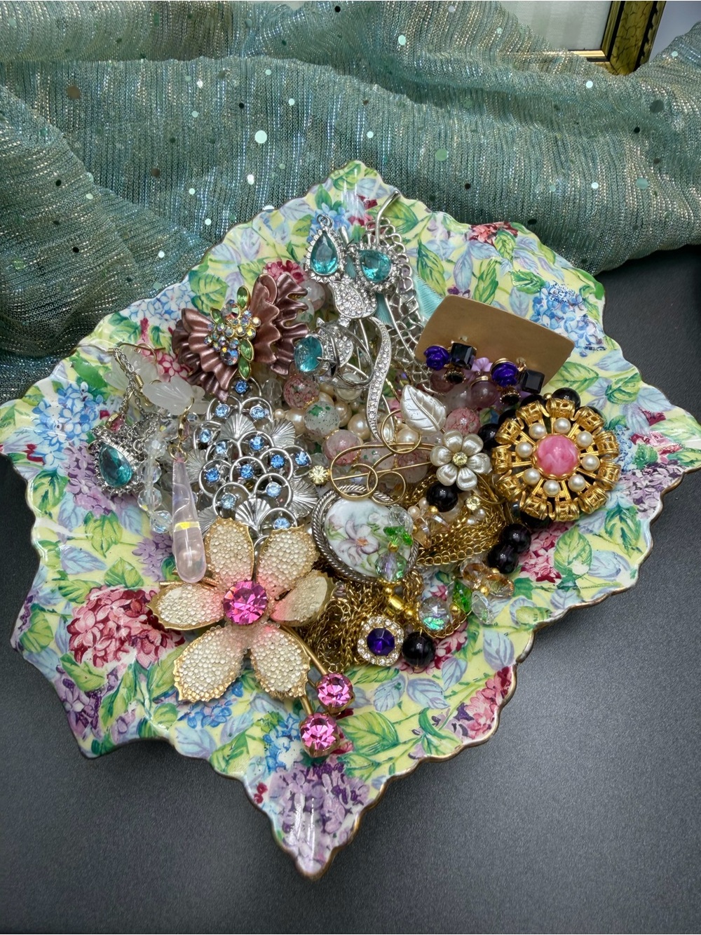 Vintage Jewelry lot in Chintz bowl